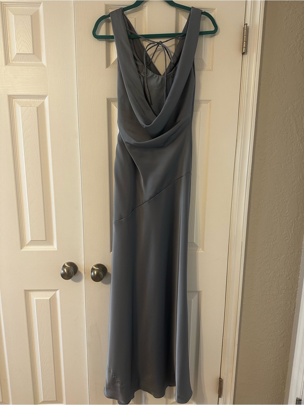 Azazie Dusty Blue Satin Cowl Neck Gown - Picture 4 of 4